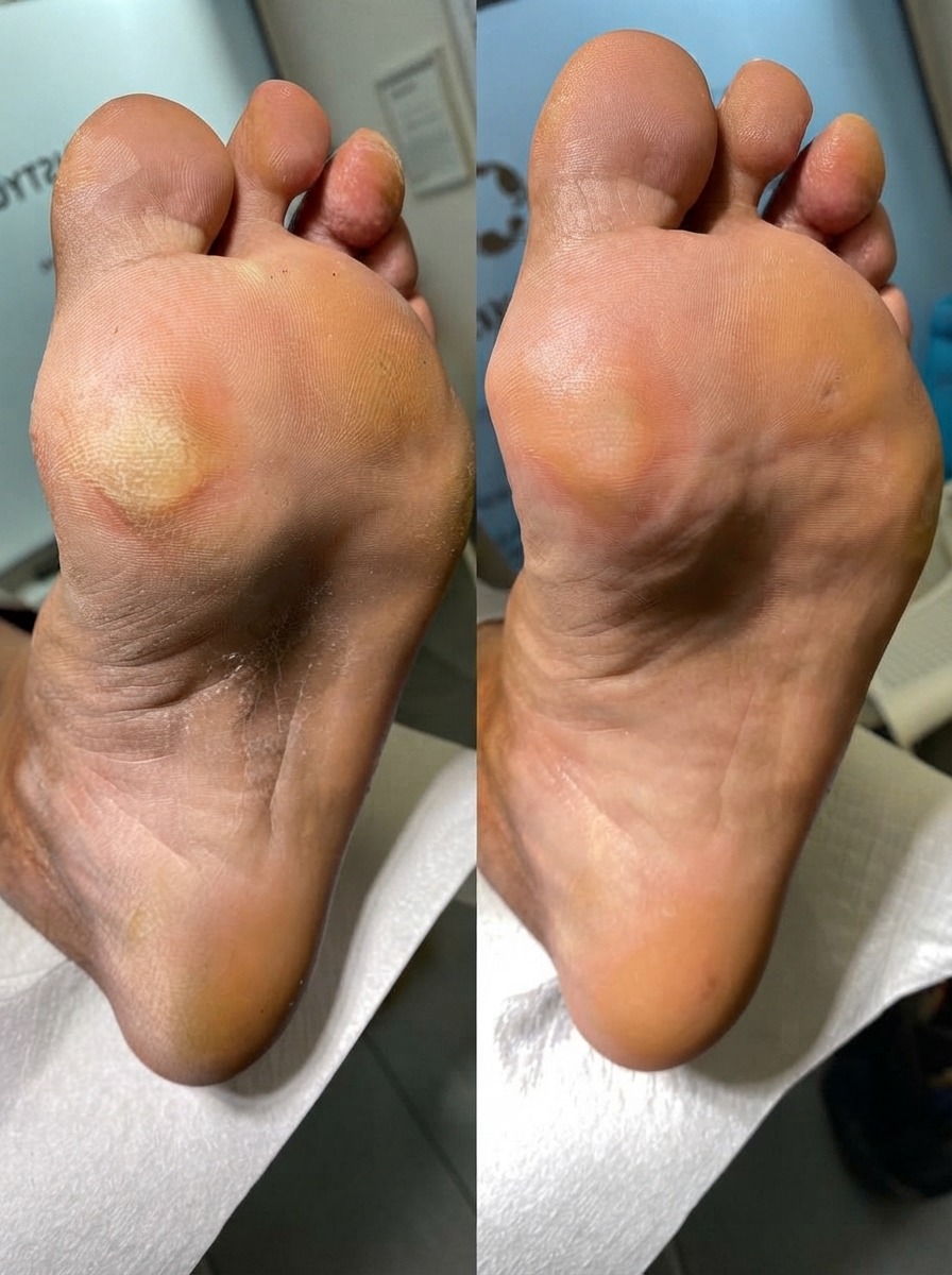 Efekty pedicure medycznego — podeszwa przed i po